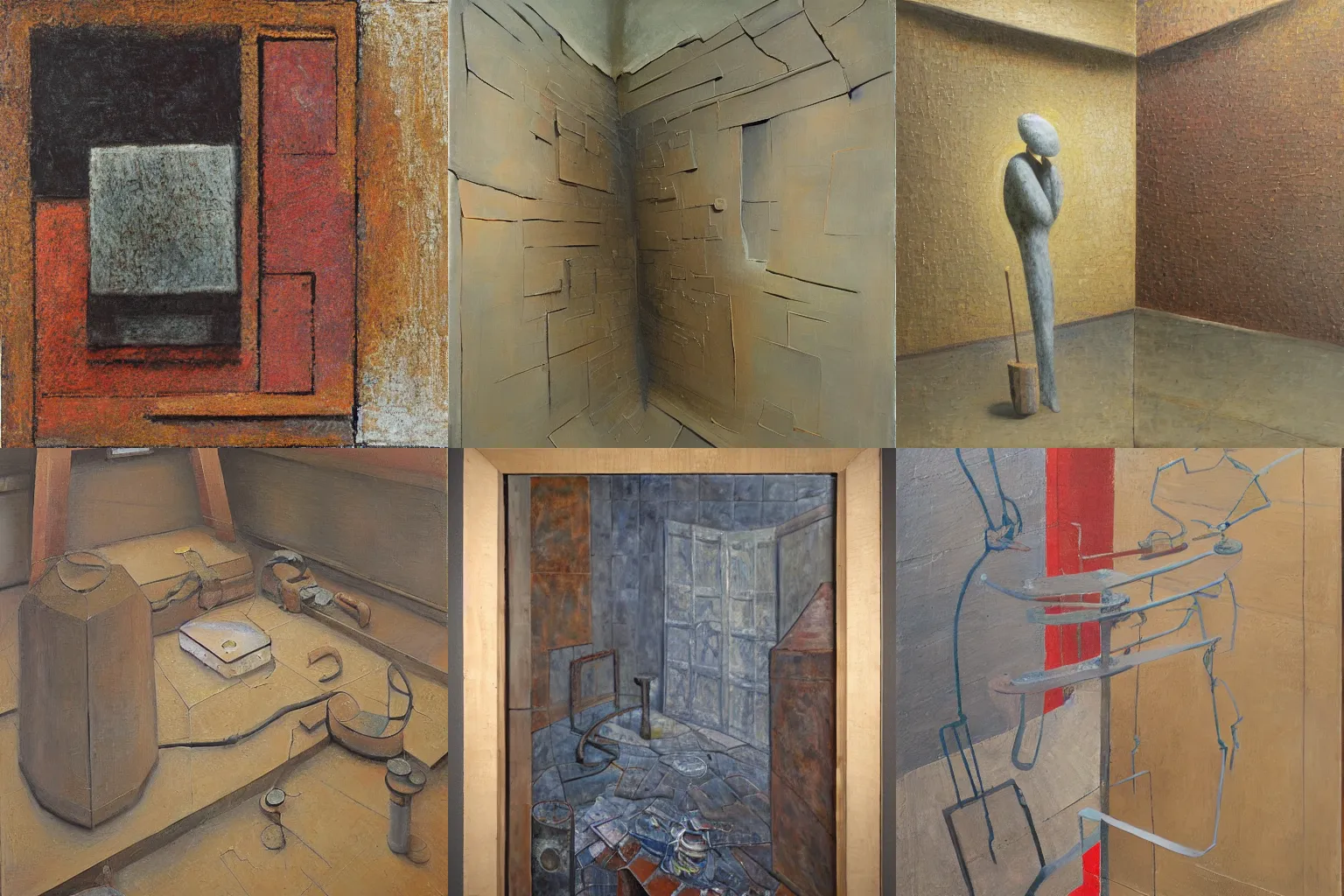 Prompt: a detailed, impasto painting by shaun tan and louise bourgeois of an abstract forgotten sculpture by ivan seal and the caretaker, floor wall corner