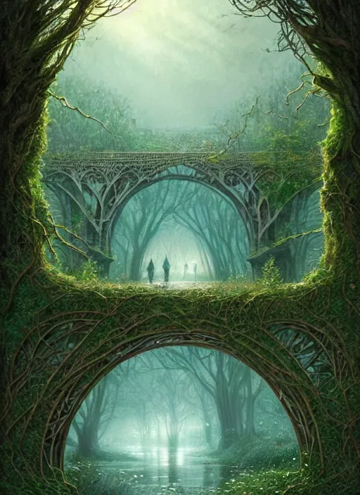 Prompt: book cover!!!!!!!!!!!!, old bridge, ivy leaves graphic vectors at each border, fantasy forest landscape, fantasy magic, light night, intricate, elegant, sharp focus, illustration, highly detailed, digital painting, concept art, matte, art by wlop and artgerm and greg rutkowski, masterpiece