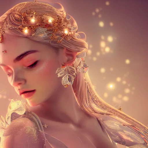 Image similar to portrait of fairy princess, glowing, ornate and intricate jewelry, jaw dropping beauty, glowing background lighting, white accent lighting, hyper detailed, fairy tale, 4 k octane render