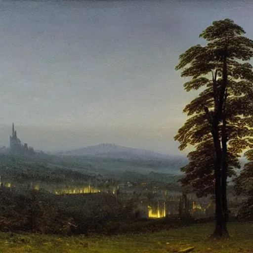 Image similar to city, distant valley, trees, night, dramatic light, oil painting, by caspar david friedrich