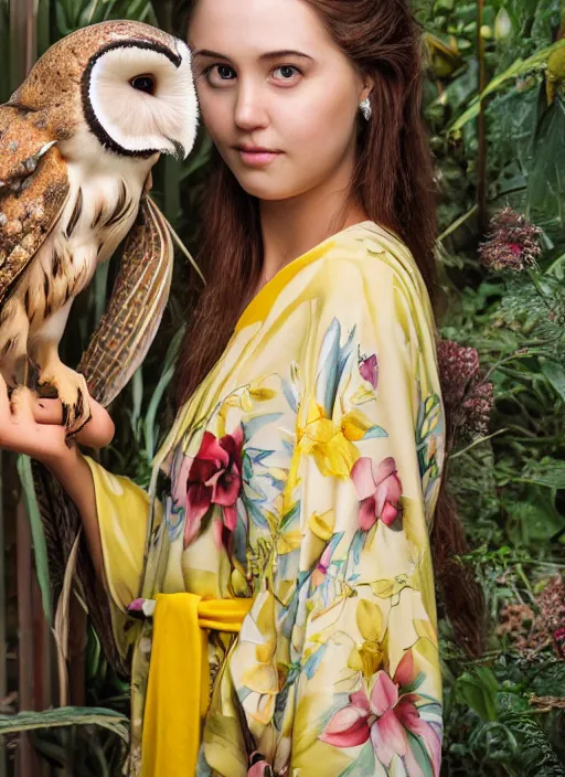 Image similar to portrait photograph of beautiful!!!! young female model, symmetric face!, symmetric eyes, slight smile, natural light, wearing a yellow kimono with a very detailed barn owl! on her shoulder in a tropical greenhouse. looking at the camera!!. super resolution. Extremely detailed. Graflex camera!, bokeh!!!!!.