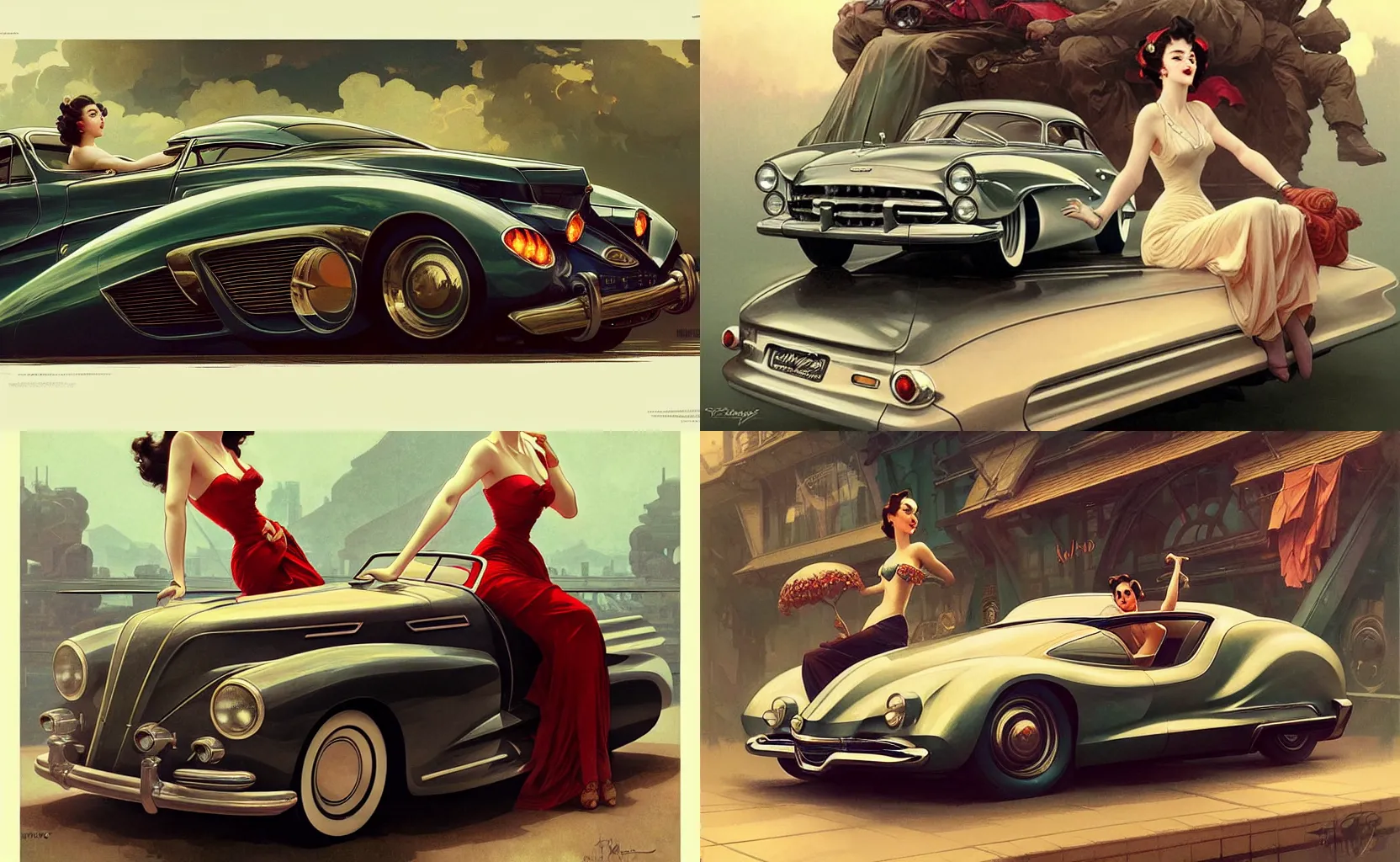 Prompt: a beautiful car advertisement from 1 9 5 0's, intricate, sharp focus, illustration, highly detailed, digital painting, concept art, matte, art by wlop and artgerm and greg rutkowski and alphonse mucha, masterpiece