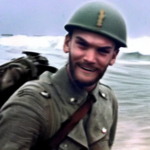 Prompt: A closeup of Pewdiepie storming the beaches of Normandy, 1945, Colourized