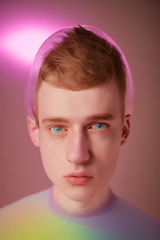 Image similar to high quality pastel coloured film mid angle portrait photograph of a beautiful young 2 0 year old male, soft features, short hair, perspex space visor and oversized inflated clothing!!!! icelandic black! rock pool environment. atmospheric three point light. photographic. art directed. ( pastel colours ). volumetric. clearcoat. waves. 8 k. filmic.