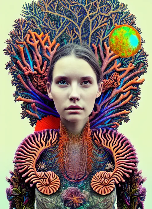 Prompt: ridiculously beautiful young woman tripping, psychedelics, forest creatures, coral, birds, symmetrical, in the style of ernst haeckel, effervescent, warm, hyperrealism, photo realistic, epic and cinematic,