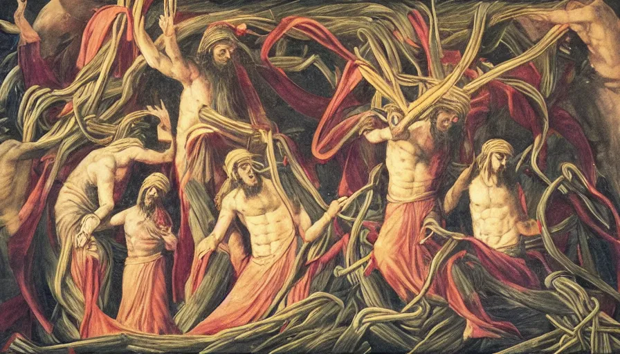 Image similar to mural of blindfolded!!!! jesus christ surrounding by entwined bodies, holding a cornucopia, rivers of blood, by mu pan