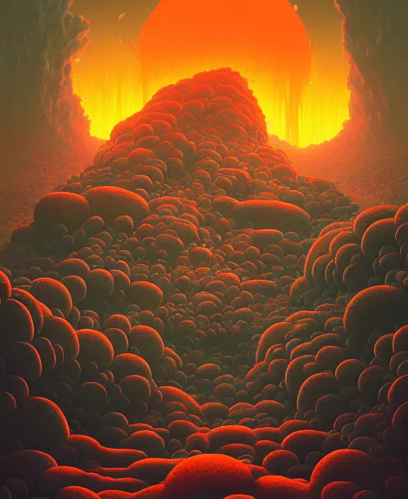 Prompt: simplicity, an elegant structure made out of exotic fungus, overgrown with creepy blobs, organic, partly cloudy, hellscape, hell, fire, brimstone, lava, by dan mumford, yusuke murata, makoto shinkai, ross tran, cinematic, unreal engine, cel shaded, featured on artstation, pixiv