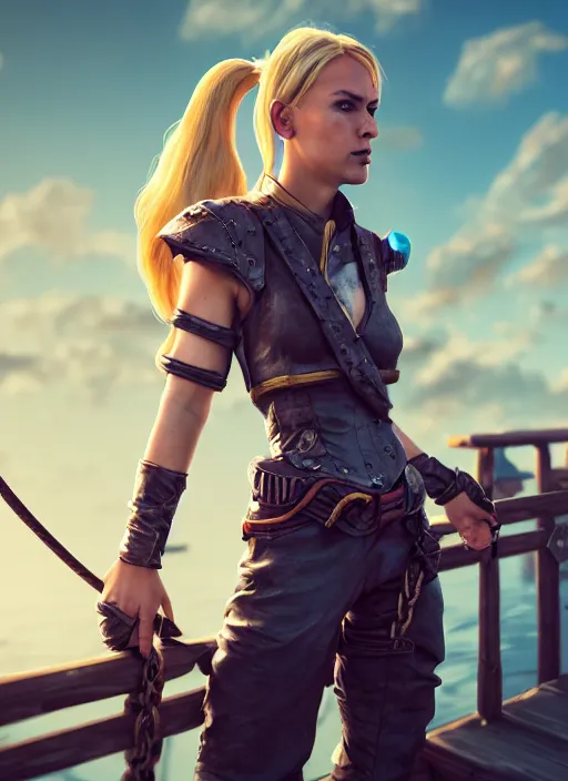 Image similar to An epic fantasy comic book style portrait painting of tall blonde haired female sky-pirate with a serious face and a pony tail in front of a metal gangplank, unreal 5, DAZ, hyperrealistic, octane render, cosplay, RPG portrait, dynamic lighting