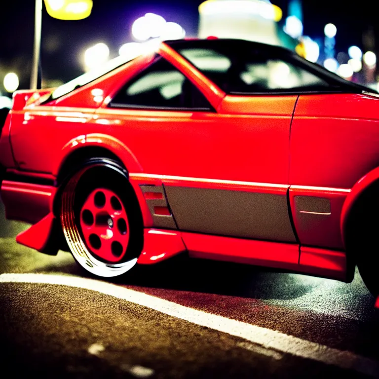 Image similar to close-up-photo Toyota Celica turbo illegal street meet, detailed-wheels, Shibuya Shibuya, cinematic colors, photorealistic, highly detailed, night photography