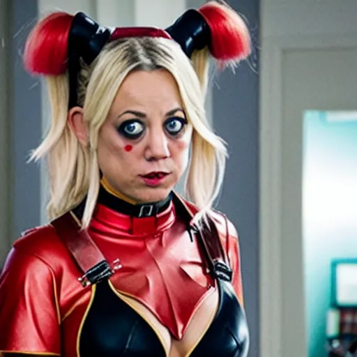 Image similar to A still of Kaley Cuoco as Harley Quinn