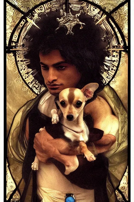 Image similar to God had dog Chihuahua's head, a radiant halo and crown, detailed face, gorgeous, very muscular male body, partial anatomy, stormy background, delicate and intricate borders for decoration, caesar victorious, proud Emperor, character close-up, intricate, highly detailed, 8K, digital painting, fantasy, concept art, sharp focus, art by alphonse mucha