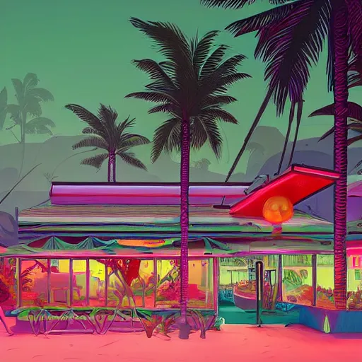 Prompt: inside psychedelic beachfront fast food restaurant with palm trees by simon stalenhag