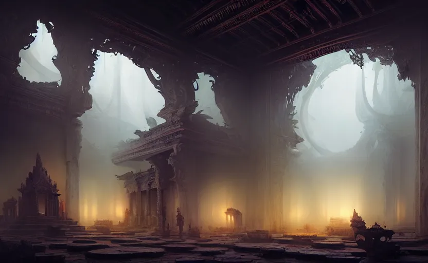 Image similar to The interior of an mytical and ancient temple dragons in ruins, atmospheric lighting, fog, mysterious, arem, intricate, elegant, volumetric lighting, digital painting, highly detailed, artstation, sharp focus, illustration, concept art, ruan jia, steve mccurry