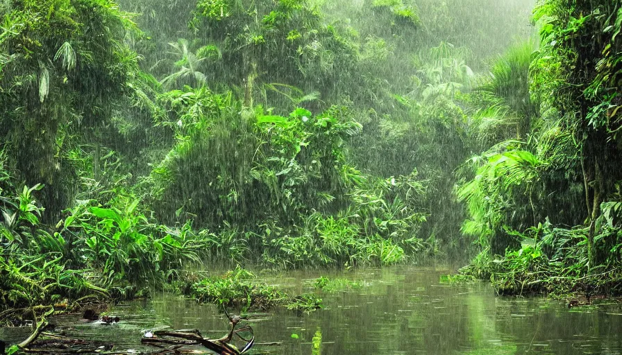 Image similar to a rainy foggy jungle, river with low hanging plants, there is the strangest bird, it’s a huge bird, great photography, ambient light