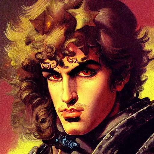 Prompt: a baroque neoclassicist close - up of george joestar mixed with simon belmont, glorious hair, detailed textures, glowing colorful fog, black background, highly detailed fantasy painting by moebius, norman rockwell, frank frazetta, and syd mead, rich colors, high contrast, artstation