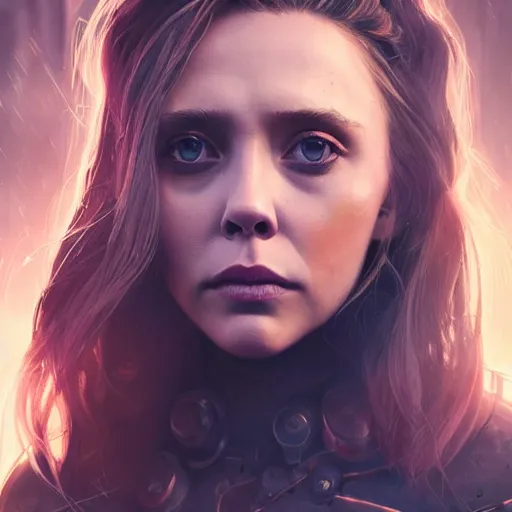 Image similar to elizabeth olsen portrait, dystopia core, apocalyptic, armor, warrior, dramatic, sharp focus, fiction, neon, fantasy, hyper detailed, digital art, trending in artstation, cinematic lighting, studio quality, smooth render, unreal engine 5 rendered, octane rendered, art style and nixeu and wlop and krenz cushart