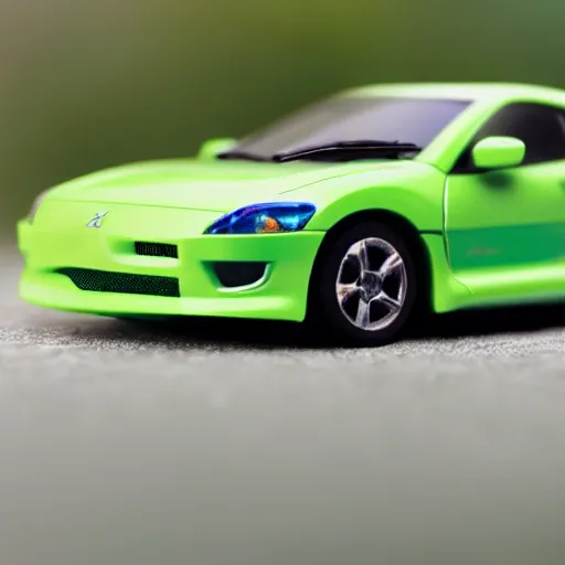 Image similar to a woman driving a Jada toys mitsubishi eclipse green diecast car, high resolution macro photo, viewed through the cars window