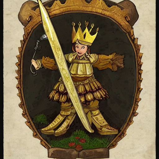 Image similar to an anthropomorphic poppy flower wears an iron breastplate with a gilded crown crest on it, holding a sword and shield as if she's ready for battle, standing next to a large tree stump that seems to be made out of white marble or stone, digital art