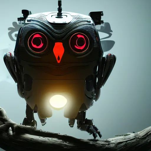 Image similar to a robotic owl, back lit, rim lighting, volumetric lighting, imposing, uneasy, cinematic, dramatic lighting, ray tracing, Arthur Rackham, 4k,8k, octane