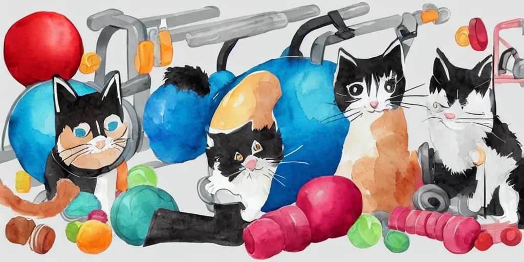 Prompt: watercolor illustration style, cute! cats!! training in the fitness studio, sports equipment laying around!