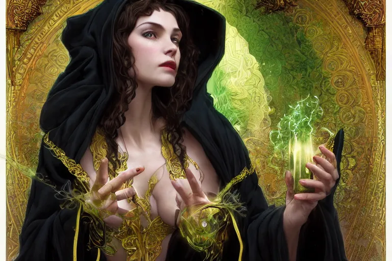 Prompt: a sorceress wearing a black robe with gold embroidery, sitting at table, casting a spell, green glows, painted by artgerm and tom bagshaw and alphonse mucha, in the style of magic the gathering, highly detailed digital art