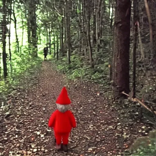 Image similar to bad quality screenshot of a leaked video of a small person dressed as gnome looking at me at a forest trail, photo taken from far away, night time, bright camera flash, camera shaking, disturbing, very scary, realistic, very disturbing, help me please im disturbed, ultrarealistic, 480p, scary