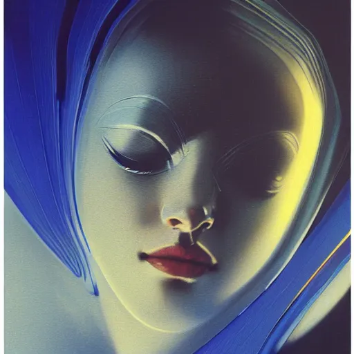 Image similar to a chrome woman's face in flowing sheets of cobalt blue gold chrome tpu silver satin, by moebius syd mead roger dean wojciech siudmak donato giancola yoshitaka amano ivan aivazovsky jan de heem pieter claesz paul delaroche alma tadema aelbert cuyp, hyperrealistic volumetric light render