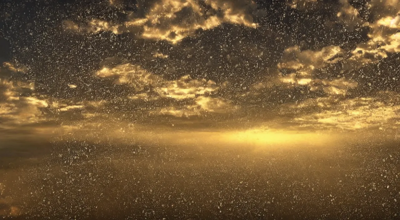 Prompt: Upside-down slow motion rain in a cloudless sky, golden hour, hyper detailed photorealistic