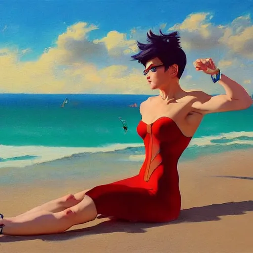Image similar to greg manchess painting of tracer wearing a skintight dress in a beach, medium shot, organic painting, sunny day, bold shapes, hard edges, street art, trending on artstation, by huang guangjian and gil elvgren and sachin teng and artgerm and greg rutkowski and alphonse mucha
