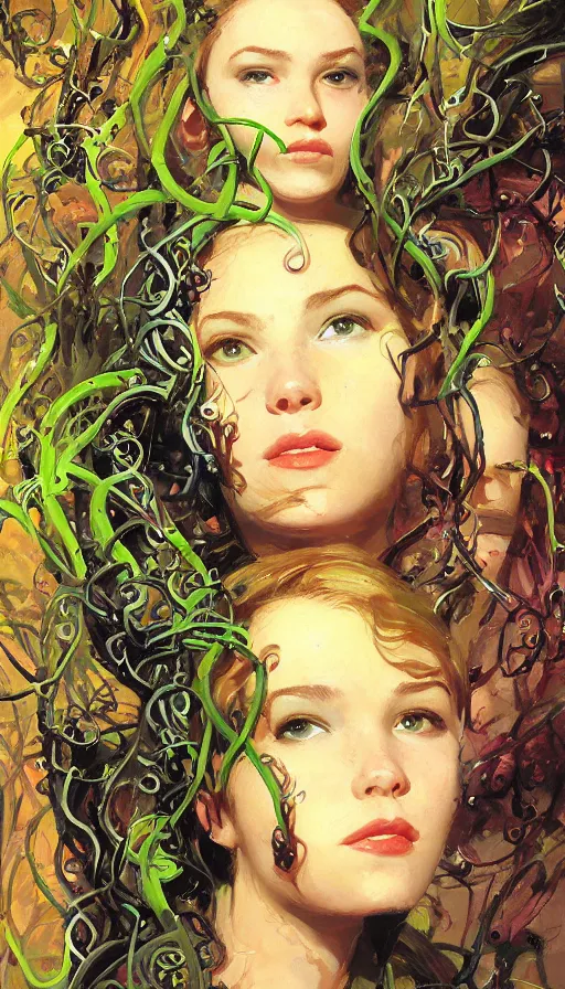 Image similar to very detailed portrait of a 2 0 years old girl surrounded by tentacles, the youg woman visage is blooming from fractal and vines, by john berkey