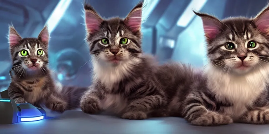 Image similar to a d rendered movie still a cute robotic kitten with rgb ambient lighting implants. the robot maine coon kitten. in the background is a cyberpunk cat tree with rgb dramatic lighting. science fiction blockbuster movie from the future, imax 7 0 mm. style of mandalorian ( american space western television series )