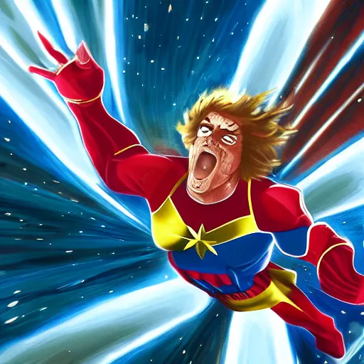 Prompt: shaggy as captain marvel, artstation hall of fame gallery, editors choice, #1 digital painting of all time, most beautiful image ever created, emotionally evocative, greatest art ever made, lifetime achievement magnum opus masterpiece, the most amazing breathtaking image with the deepest message ever painted, a thing of beauty beyond imagination or words