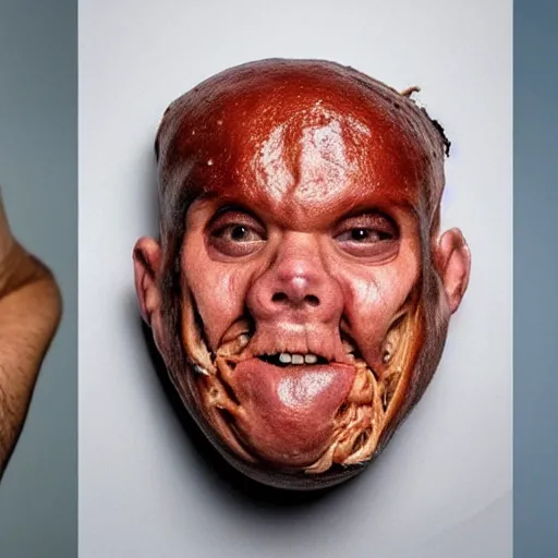 Image similar to man's face with skin that looks like pulled pork