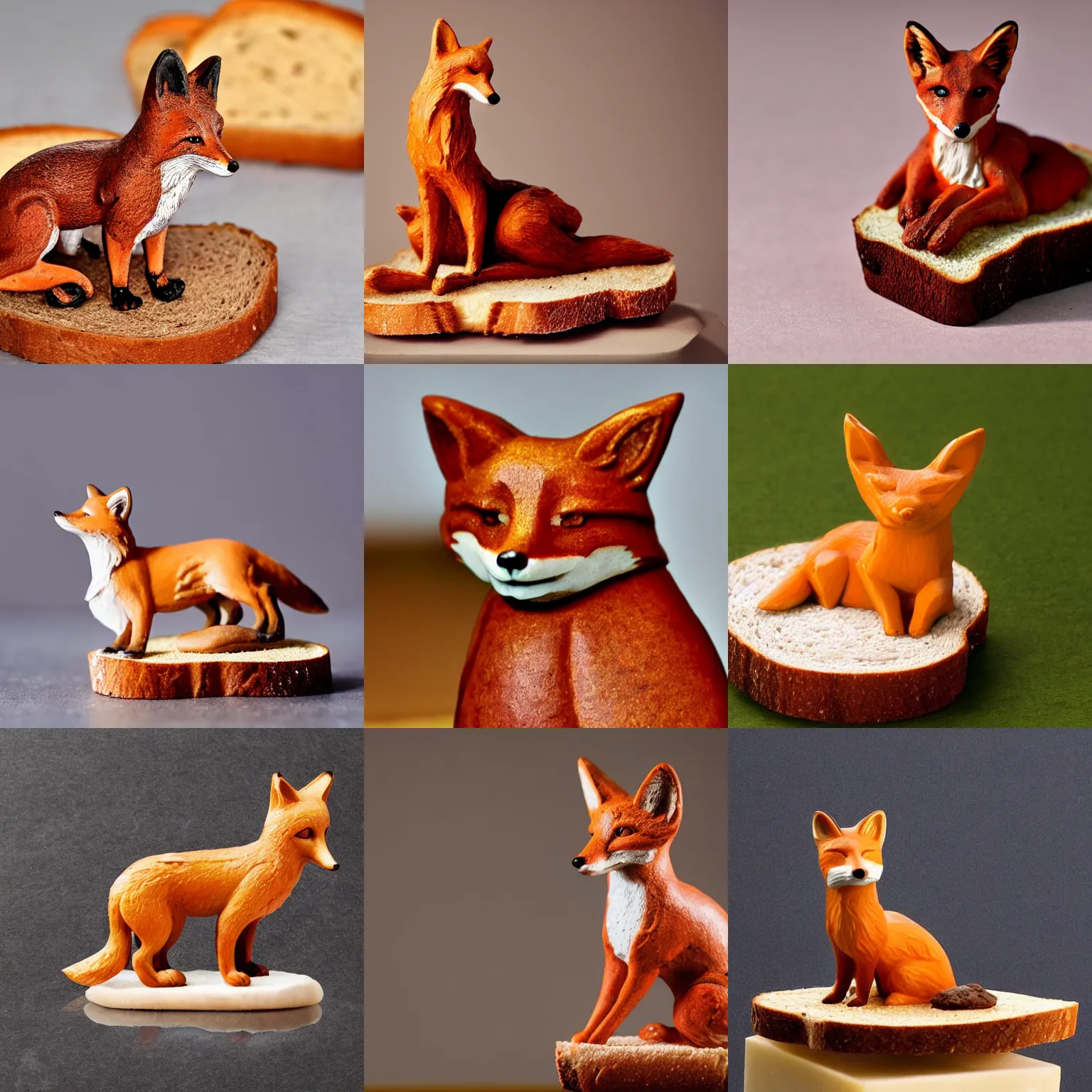 Prompt: A statuette of a fox on a piece of bread. solid Background.