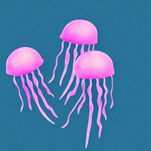 Prompt: team of jellyfish flying in sky blue and pink
