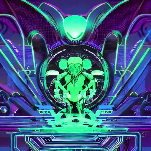 Image similar to cyberpunk cthulhu with headphones playing synthesizers, lights, lasers, music, highly detailed, realistic,