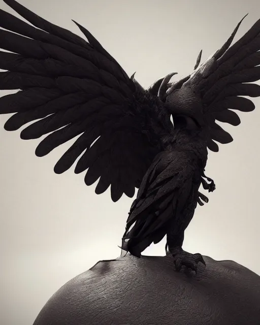 Image similar to giant dark raven inflateble shapes, mystery, mysterious, soft shadows, soft dark muted colors, simple shapes, golden ratio, perfect composition, darkness, masterpiece, dramatic, medium close - up ( mcu ), vogue, highly detailed, artstation, concept art, dark poisoned forest background, octane render