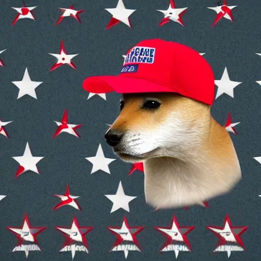 Image similar to doge wearing a make america great again cap, realistic, super detailed, wide shot, 8 k,