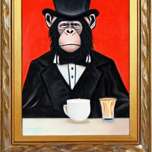 Image similar to Gothic painting of a chimpanzee wearing a top hat, serving coffee as a barista, in a night-time old-fashioned New York Cafe, candlelight, full shot