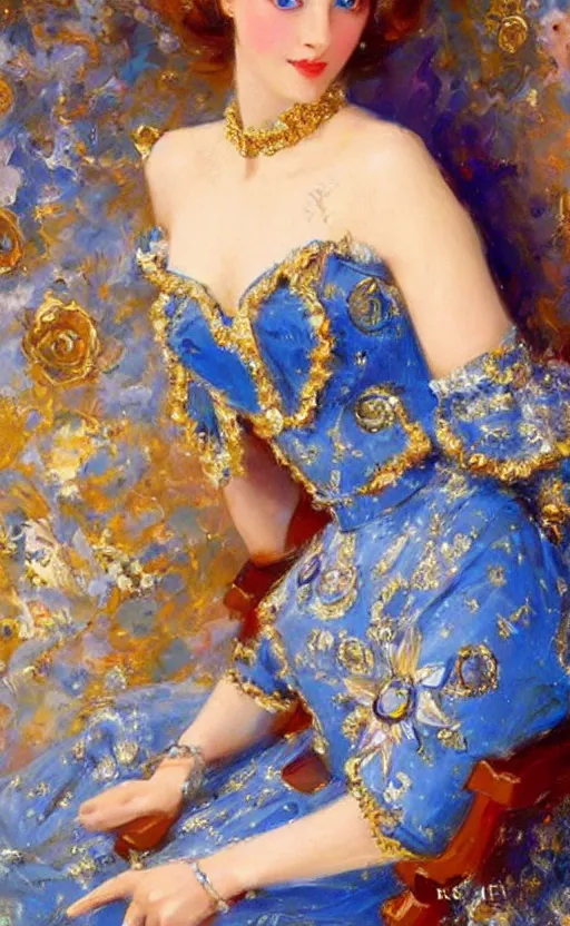 Prompt: Elegant Mecha laydy in blue victorian dress with gold ornaments. By Konstantin Razumov, highly detailded