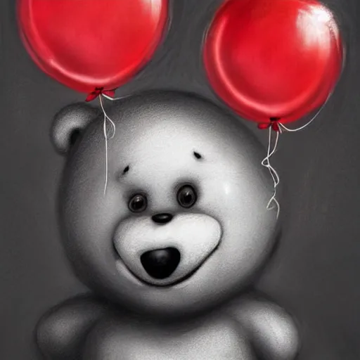 Prompt: surrealism grunge cartoon portrait sketch of a teddy bear with a wide smile and a red balloon by - michael karcz, loony toons style, billie eilish style, horror theme, detailed, elegant, intricate