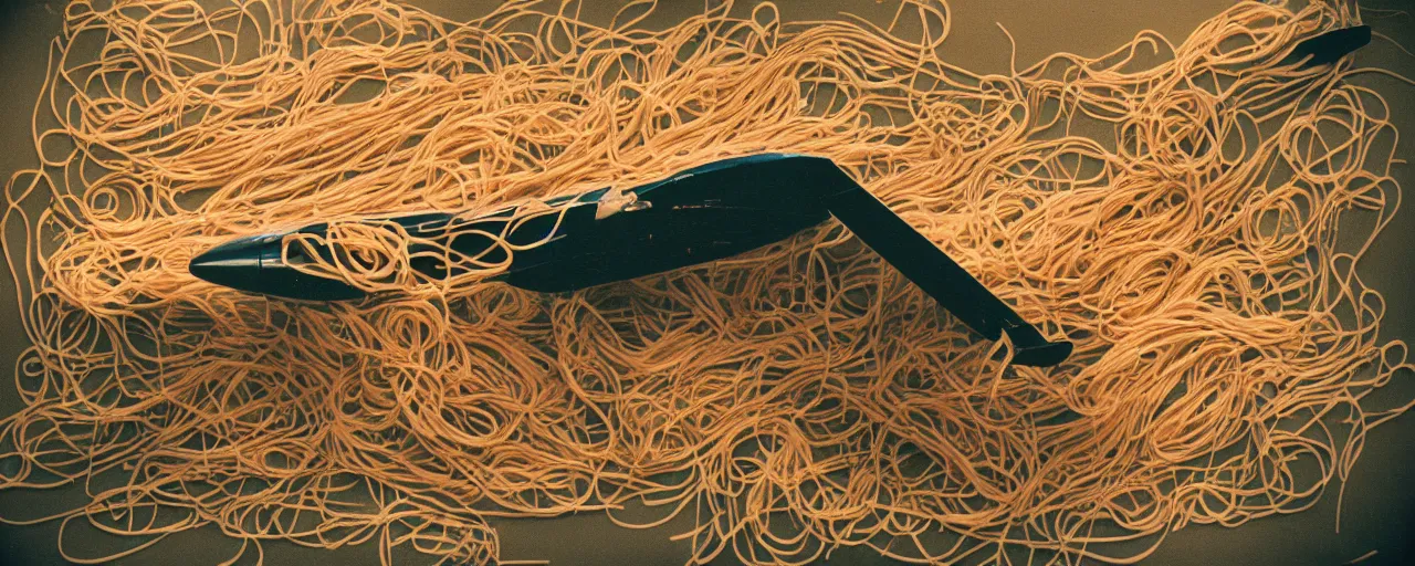 Image similar to an airplane made out of spaghetti, canon 5 0 mm, cinematic lighting, photography, retro, film, kodachrome