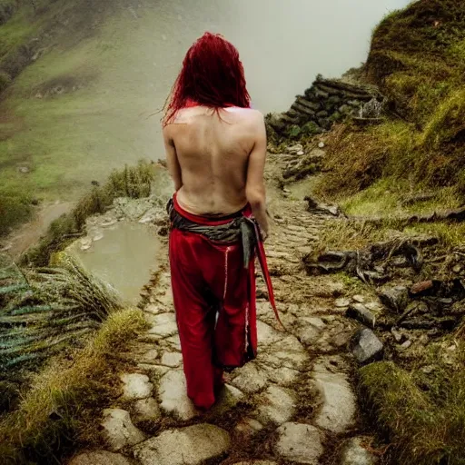 Image similar to define the character of a beautiful girl, messy long red hair, messy wet grey tribal clothes, short torn up pants, she is walking on a mountain and we see down in a deep valley a very poor old shanti town with wooden ruins, medieval time, heavy rain, late at night, mist, cinematic, 8 k,