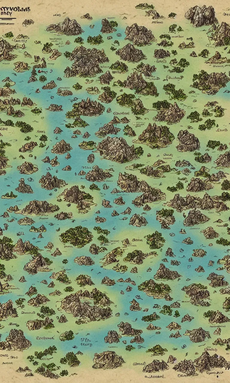 Image similar to an incredibly detailed map of a fantasy world with elaborate biomes and illustrations