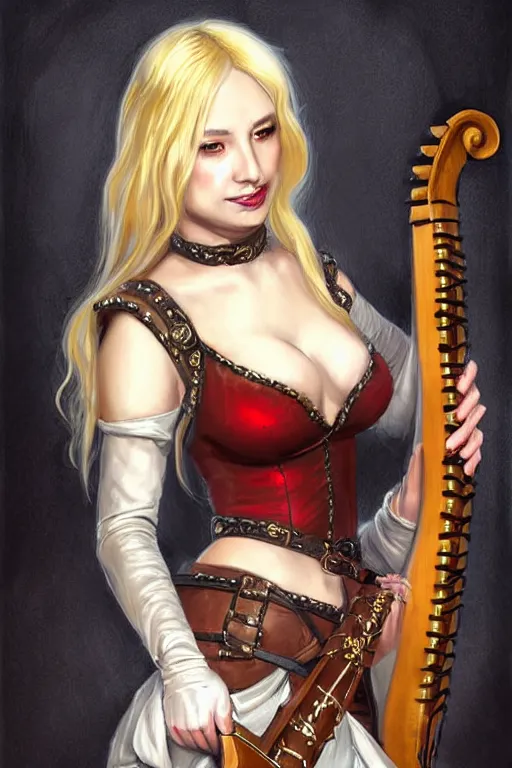 Image similar to Portrait of seductive female bard, D&D, revealing stylish dress like leather armor, holding a hurdy gurdy, choker on neck, long blonde or red hair, mouth slightly open, slight nerdy smile, fantasy, intricate, elegant, highly detailed, digital painting, artstation, concept art, smooth, sharp focus, illustration, art by artgerm and greg rutkowski and alphonse mucha