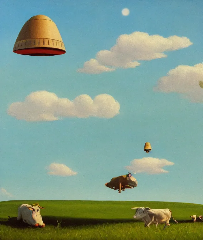 Prompt: a highly detailed painting of a stylized cartoon ufo beaming up a cow on a meadow, ufo has green light beam, very fine brush strokes, baby blue sky with aesthetic clouds, in the style of edward hopper, 4 k,