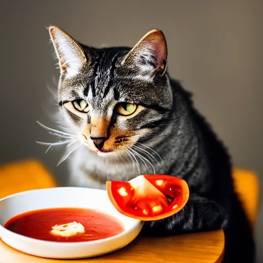 Prompt: a cat sitting on a bowl with tomato soup, professional photography