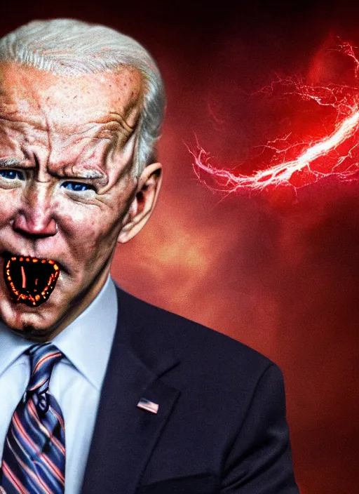 Image similar to hyper realistic terror photo Doom furious glowing red eyes biden