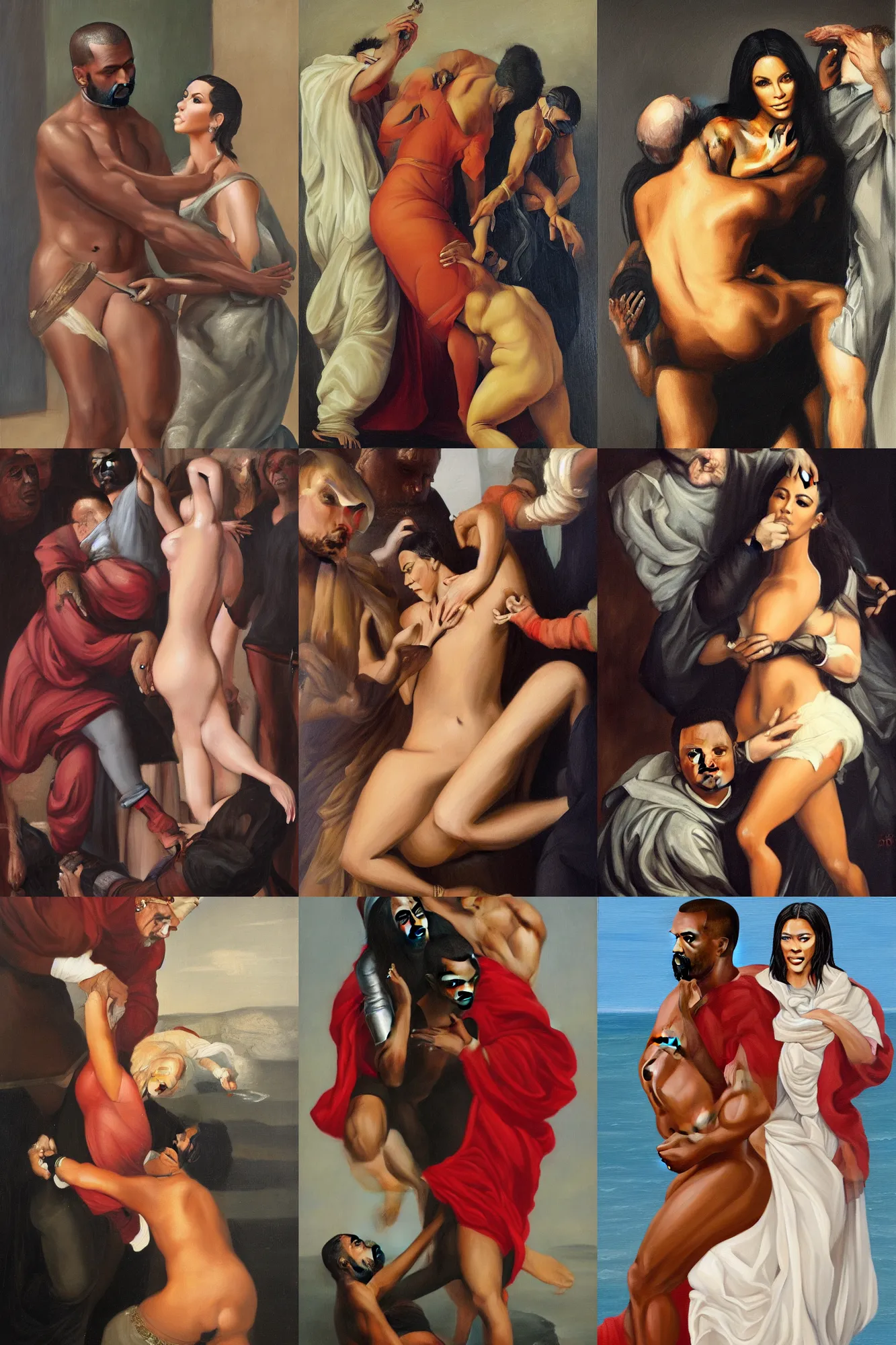 Prompt: Carravaggio Kim Kardashian Beheading Kanye West, oil on canvas,