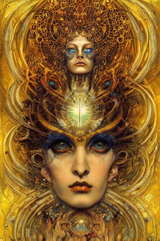 Image similar to Divine Chaos Engine by Karol Bak, Jean Deville, Gustav Klimt, and Vincent Van Gogh, beautiful visionary mystical portrait, sacred, otherworldly, fractal structures, ornate gilded medieval icon, third eye, spirals